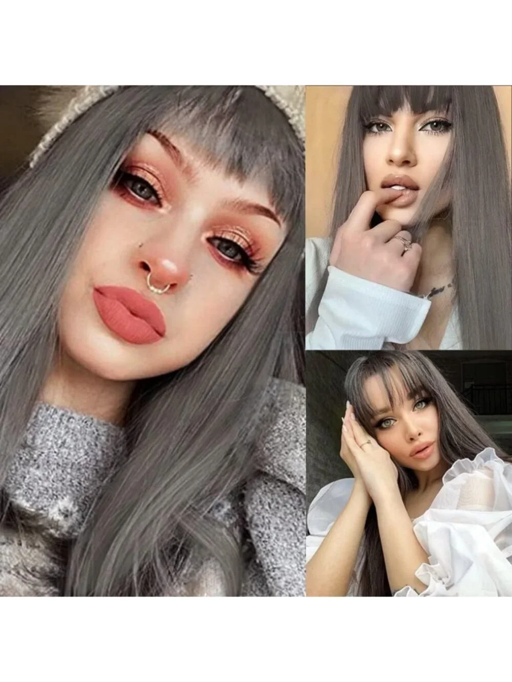 Stylish Grey Long Wig with Bangs - Straight Synthetic Heat-Resistant Hair for